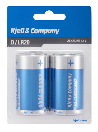 2-pak Kjell D-batterier LR20 blå og sølv, indpakket i klar plast med blåt og hvidt Kjell-logo.