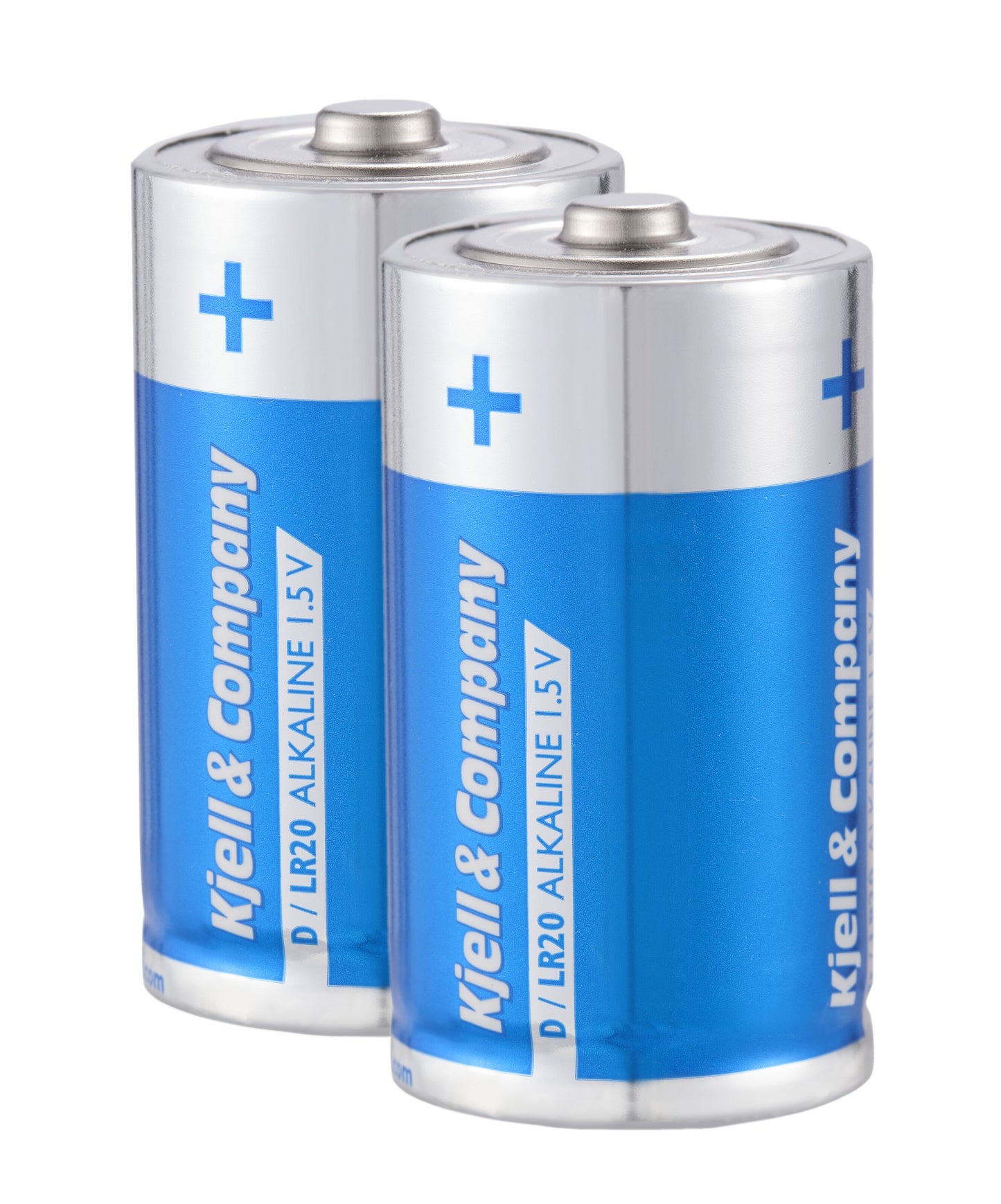 2 stk. Kjell D LR20 alkaline batterier, sølv/blå design, "D LR20 ALKALINE 1.5V" tekst på etiketten.
