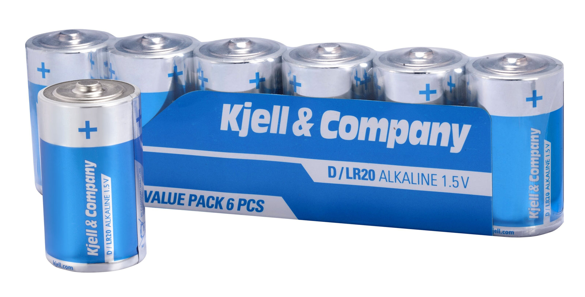 Kjell  Co D-batterier LR20 6-pak, blå og sølv emballage, én batteri foran, fem bagved.