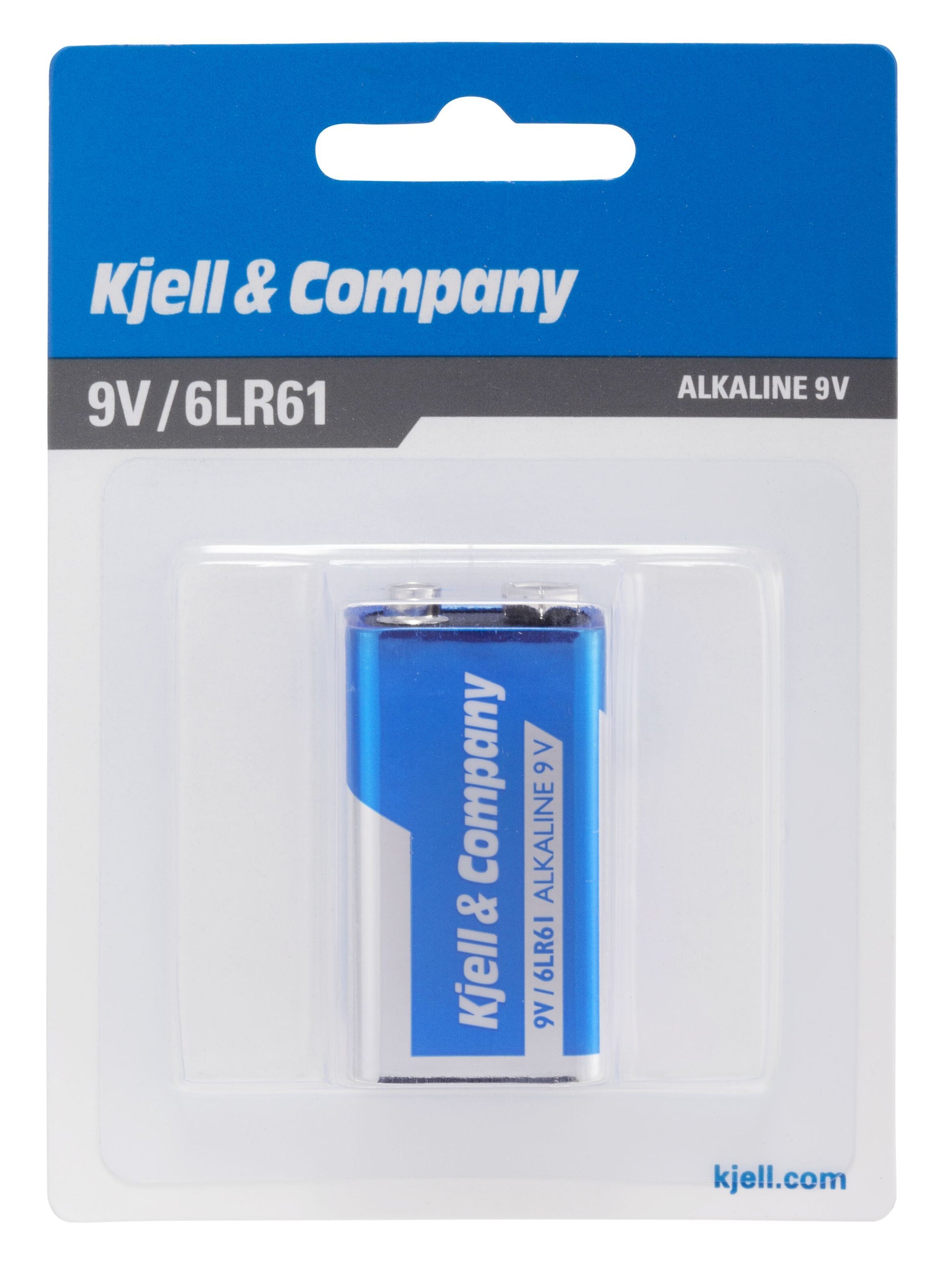 9 V batteri PP3 1 stk i klar blisterpakke med blåt og hvidt design.