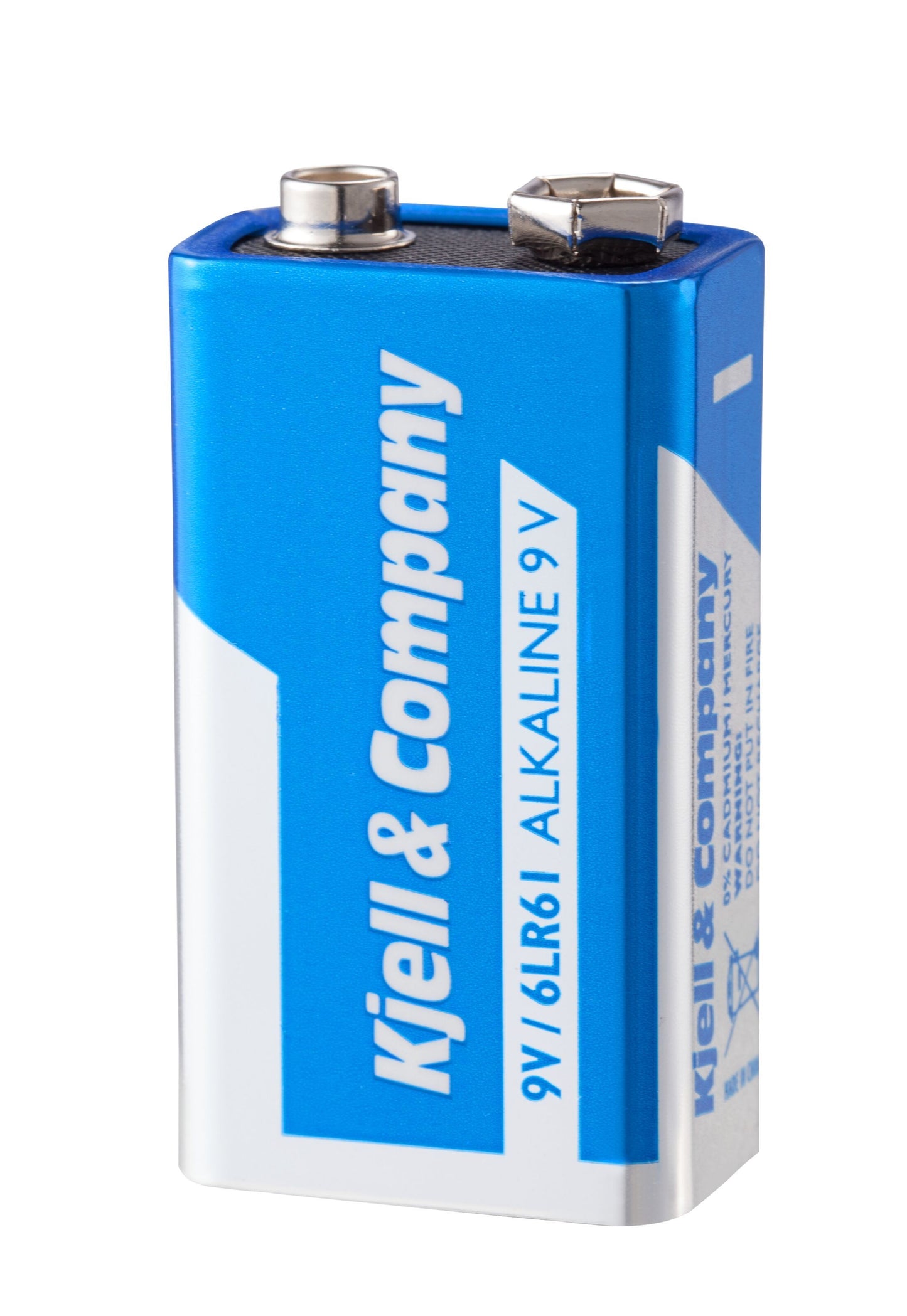 9V batteri PP3 med blåt og sølv design, lodret trykt navn, synlige terminaler på toppen.