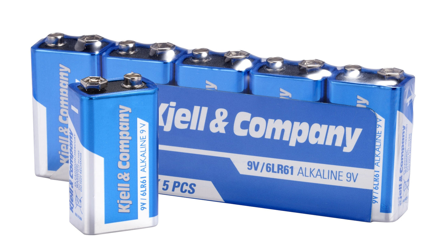 5 stk 9V-batterier PP3 fra Kjell  Co, synlig emballage med teksten "9 V-batteri (PP3) - 5 stk.