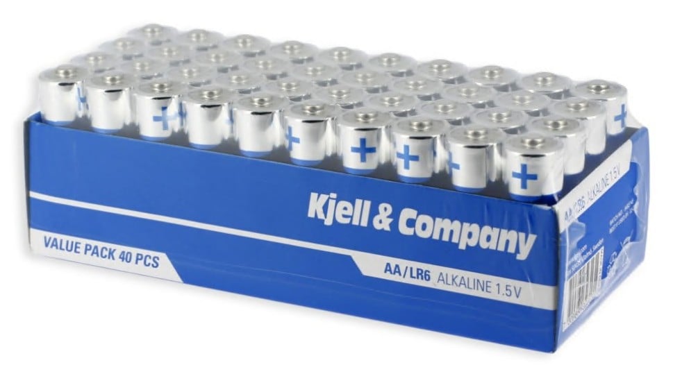 40-pak AA-batterier (LR6) i blå og hvid æske med teksten "Value Pack 40 PCS.