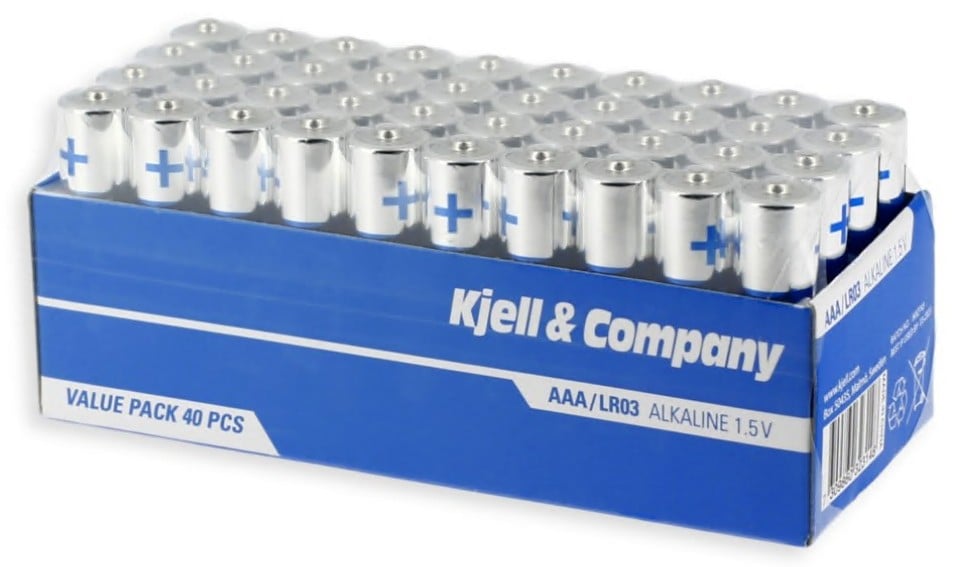 Kjell AAA-batterier LR03 1,5V, 40 stk i blå/hvid æske med blåt plus-tegn, mærket "VALUE PACK 40 PCS.