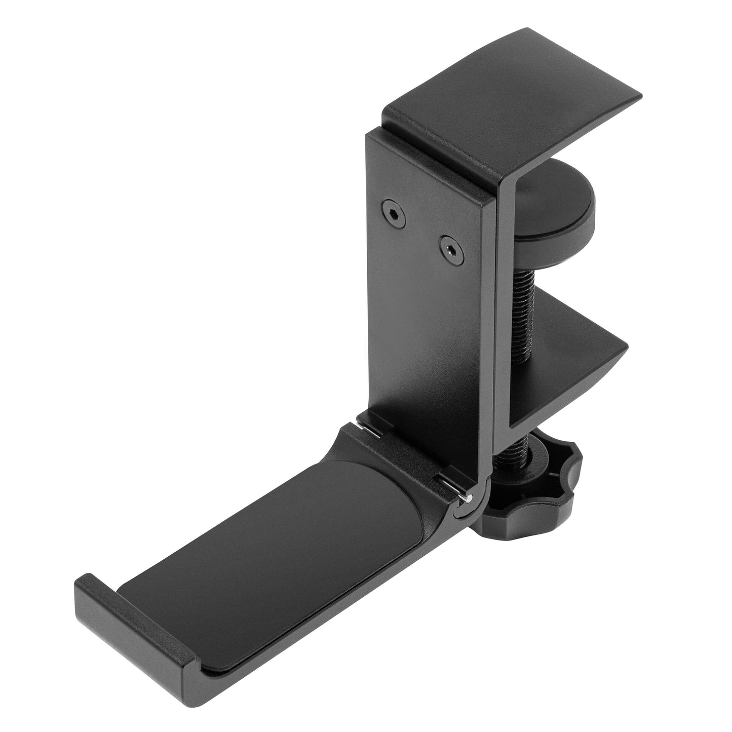 Luxorparts bordbeslag til hovedtelefoner, sort metal med flad bund og justerskrue til montering på bord.