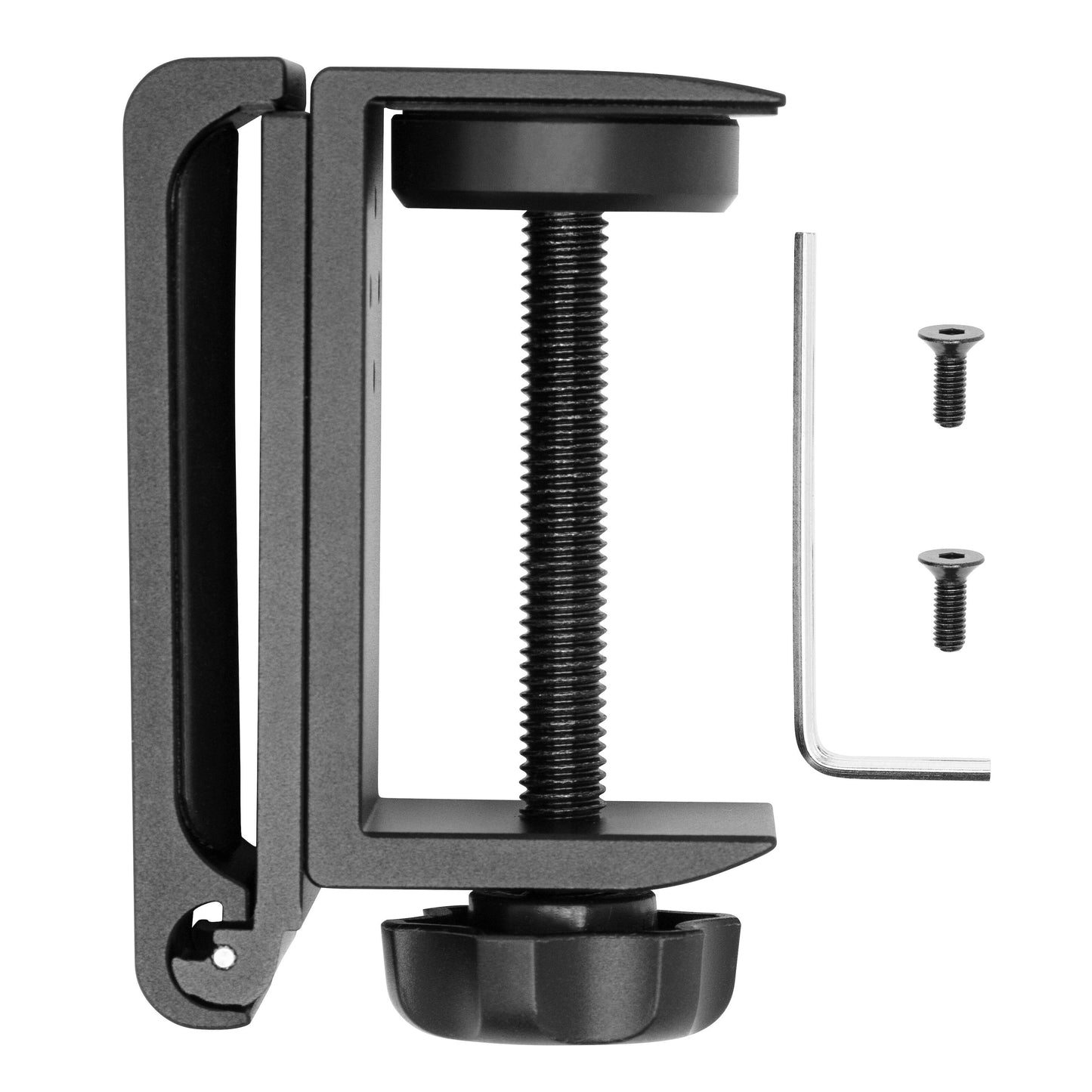 Luxorparts headset bordbeslag i sort metal med stor gevindskrue, drejeknap, to små skruer og L-nøgle.