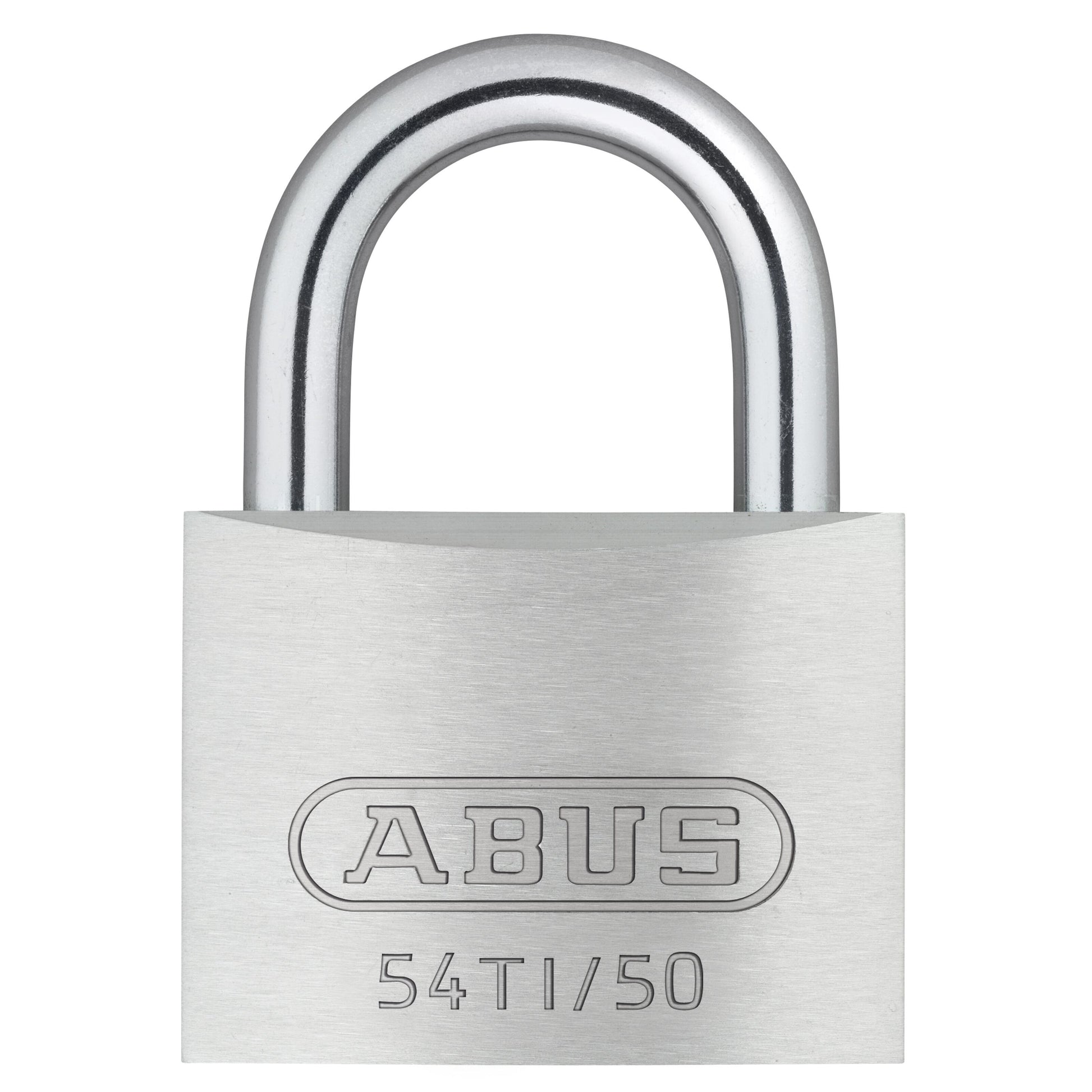 ABUS Hængelås 54TI Titalium, 50 mm, sølvfarvet, hærdet stål bøjle, indgraveret modelnummer 54TI/50 på fronten.