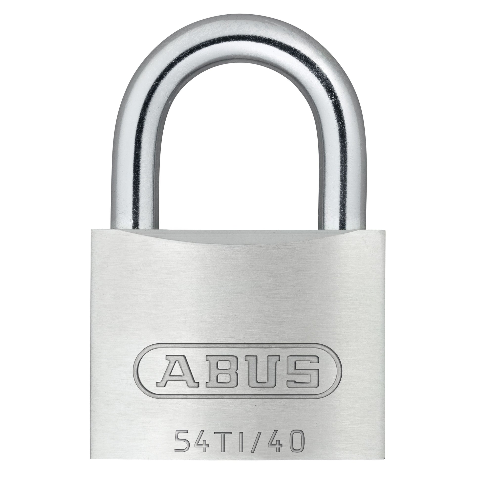 Abus hængelås 54 Titalium 40 mm, sølv, buet bøjle, "54TI/40" indgravering på front, Titalium-design.