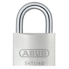 Abus hængelås 54 Titalium 40 mm, sølv, buet bøjle, "54TI/40" indgravering på front, Titalium-design.