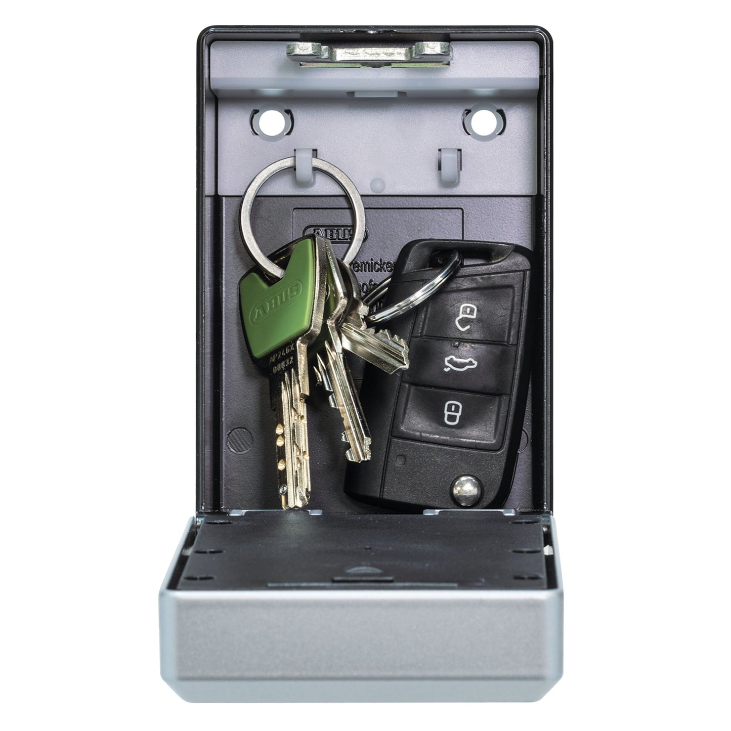 Abus KeyGarage 787 nøgleskab med Bluetooth, åben med husnøgler og bilnøglebrik synlige indeni.