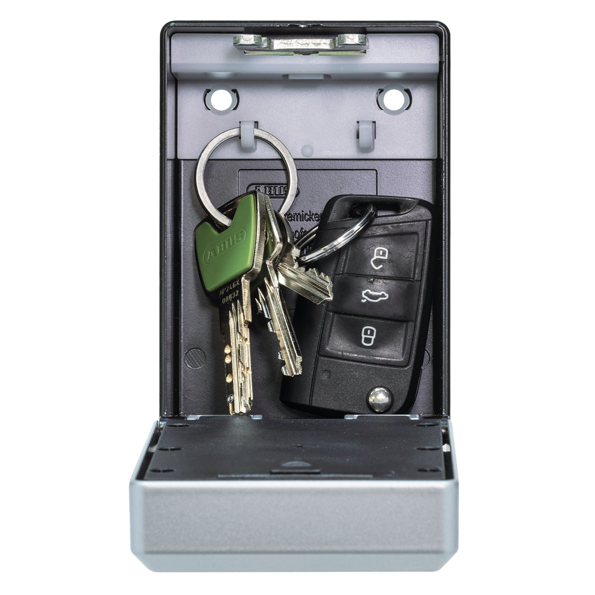Abus KeyGarage 787 nøgleskab med Bluetooth, åben med husnøgler og bilnøglebrik synlige indeni.