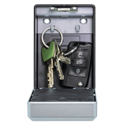 Abus KeyGarage 787 nøgleskab med Bluetooth, åben med husnøgler og bilnøglebrik synlige indeni.