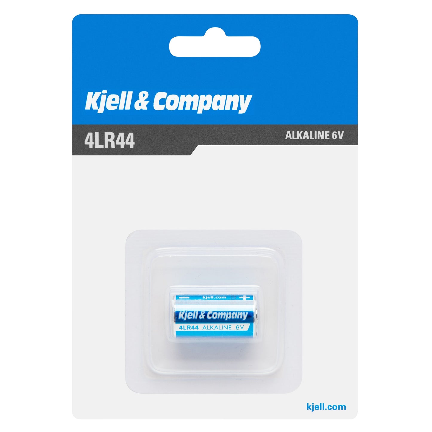 4LR44 (476A) alkalisk batteri 6V i blå/hvid original emballage med synligt batteri i klar plastblister.