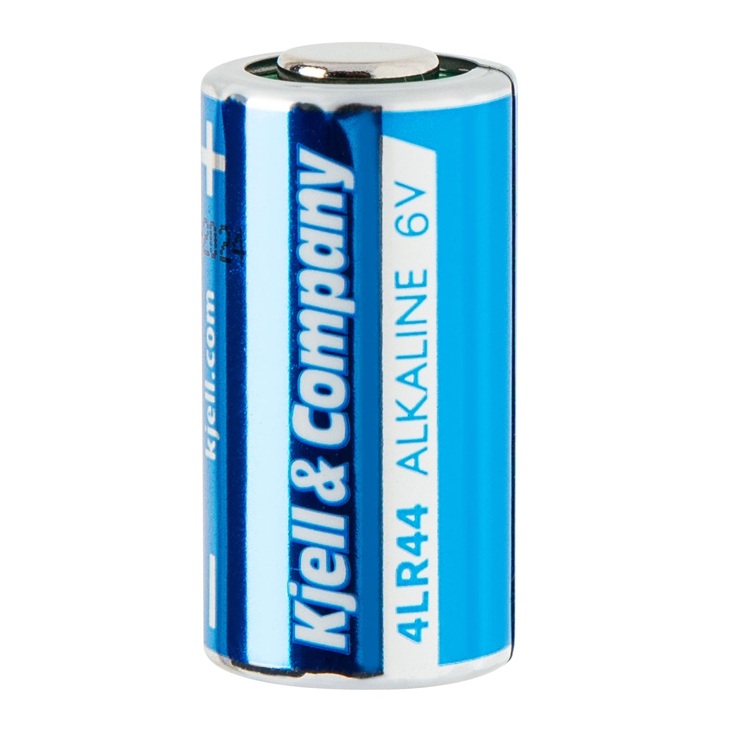 4LR44 alkalisk batteri 6V, blå og sølv etiket med "4LR44 ALKALINE 6V", metal top- og bundstykke.