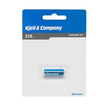 Kjell 27A-batteri (LR27) 12V i hvid og blå blisterpakke med "Kjell  Co 27A-batteri (LR27)" og Kjell-logo.