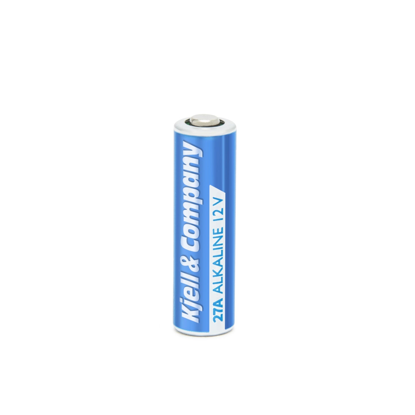 Blåt 27A LR27 batteri, cylindrisk, mærket 12V ALKALINE.