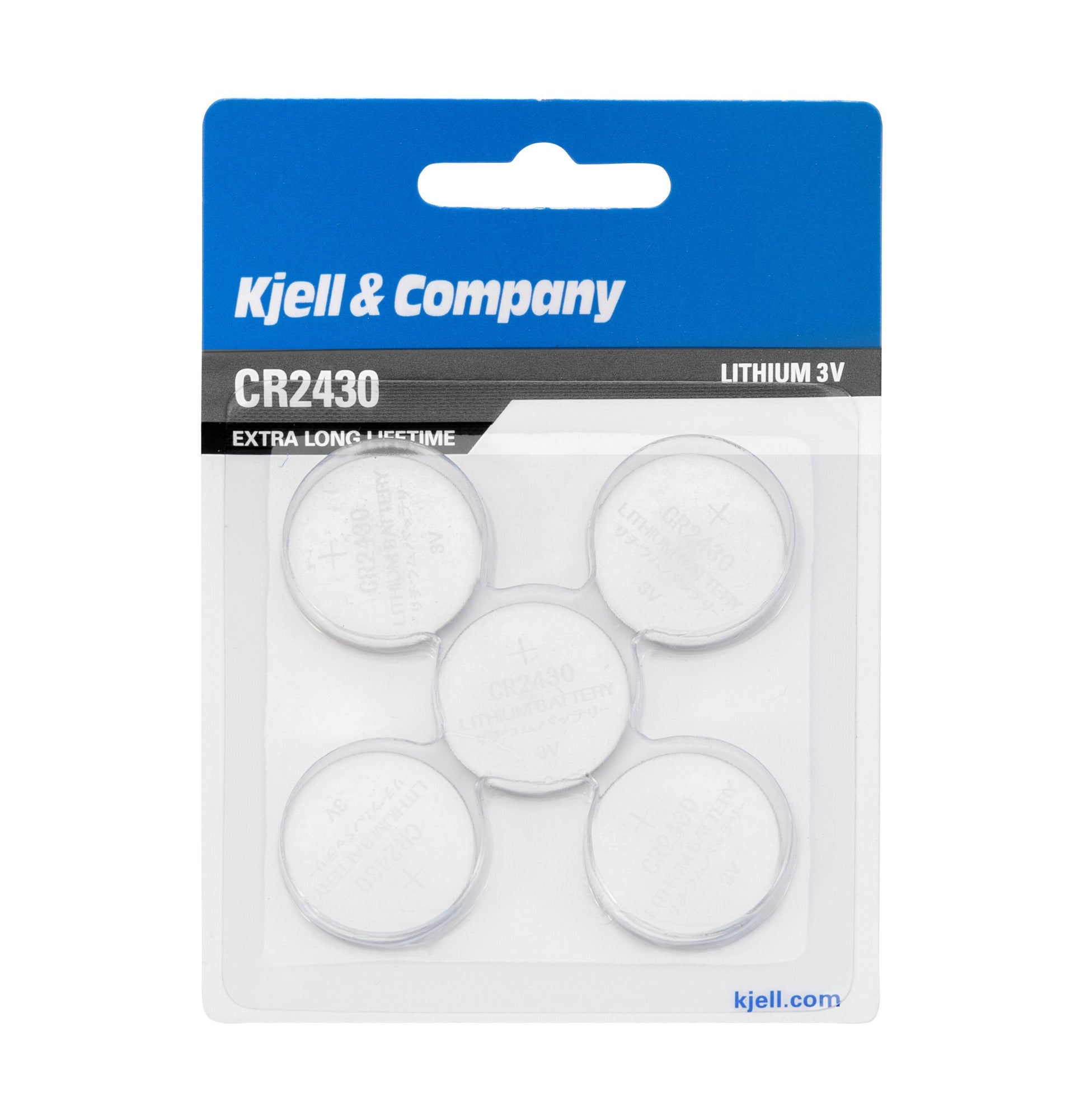 Kjell Litiumbatteri CR2430 5-pack blå/hvid blister, tekst EXTRA LONG LIFETIME.