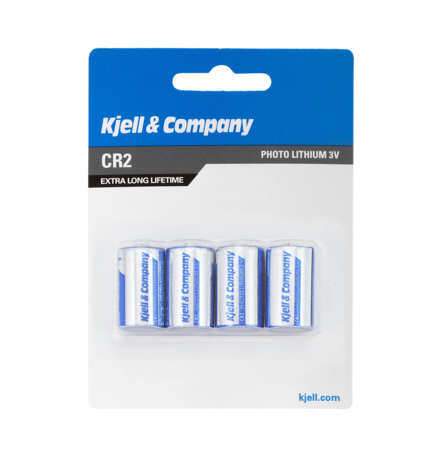4-pak CR2 fotobatterier, hvid og blå emballage med teksten "extra long lifetime", Kjell-logo og kjell.com.