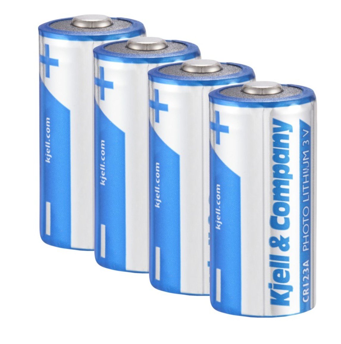 Kjell Litiumbatteri CR123A 3V 1400mAh 4-pak til kamera, batterier står oprejst i række.
