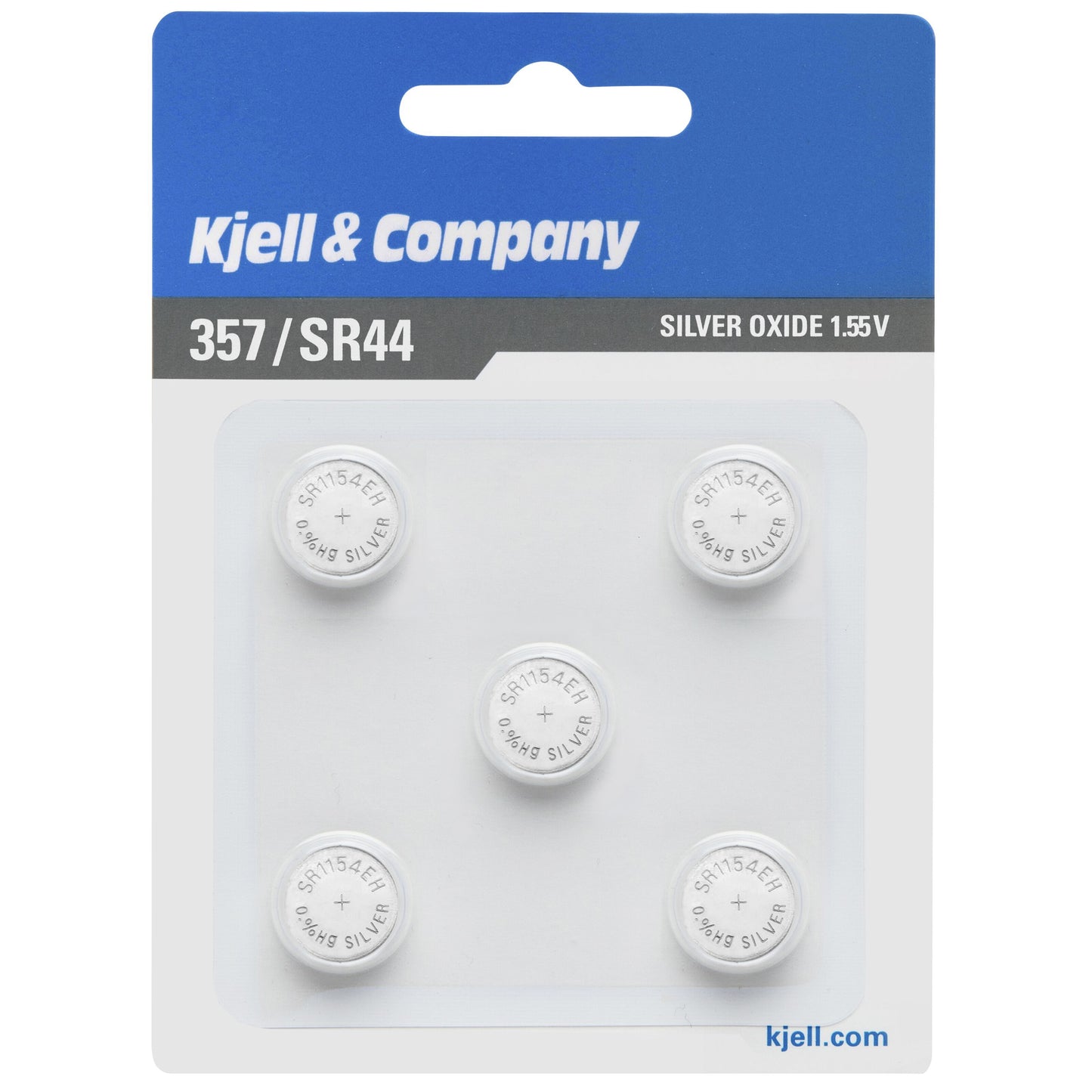5-pak SR44 (357) knapcellebatterier i blå og hvid blisterpakke, mærket SR1154E 1.55V Silver.