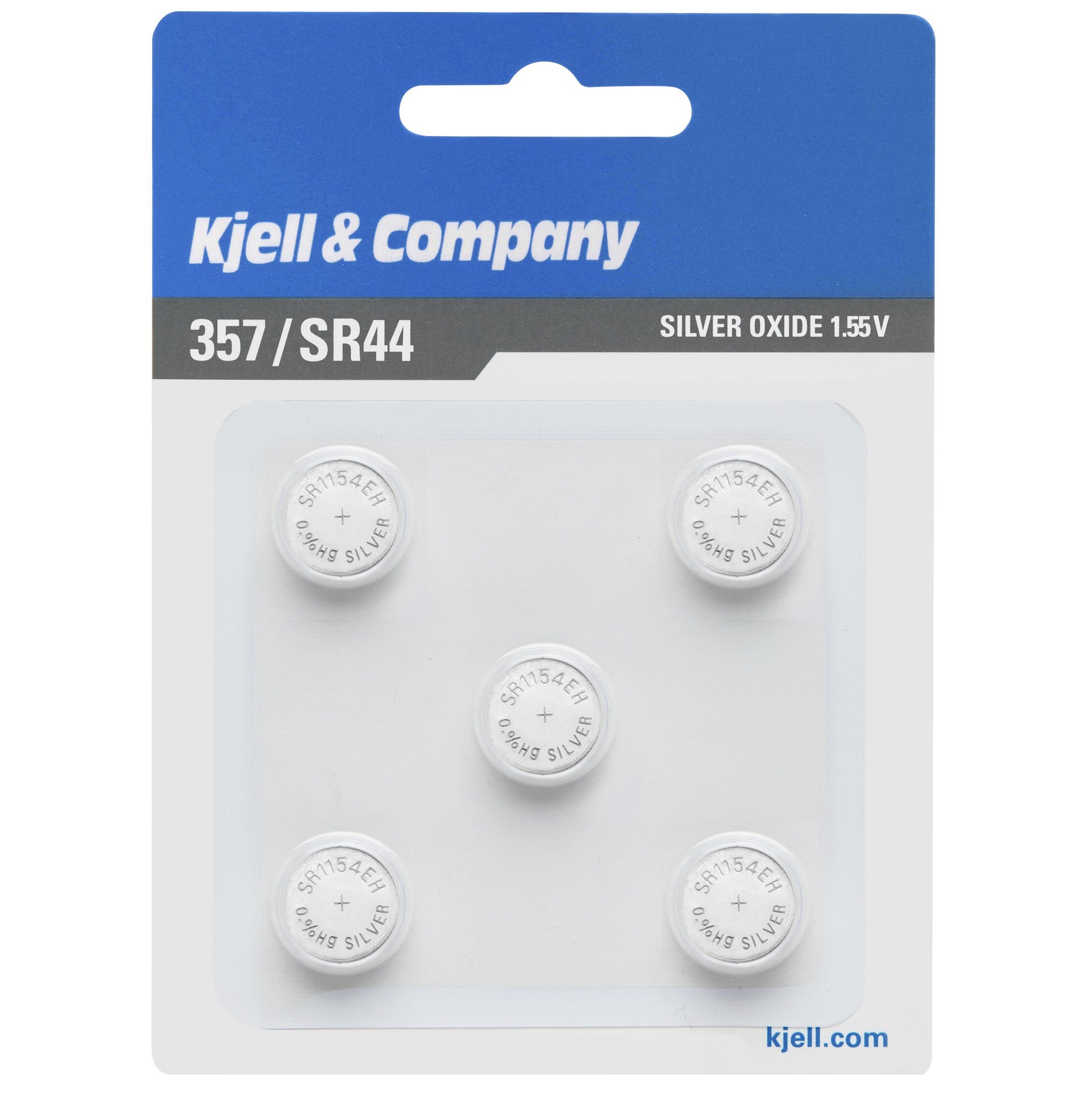 5-pak SR44 (357) knapcellebatterier i blå og hvid blisterpakke, mærket SR1154E 1.55V Silver.