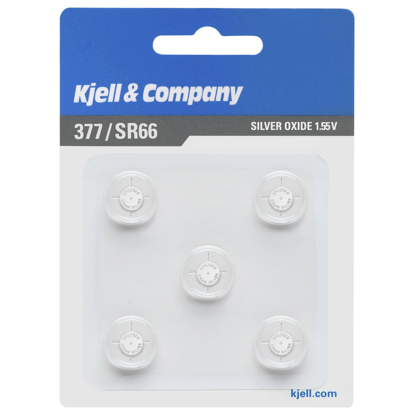Knapcellebatterier SR626 (377) 5 stk i blisterpakke med blåt og hvidt kort.