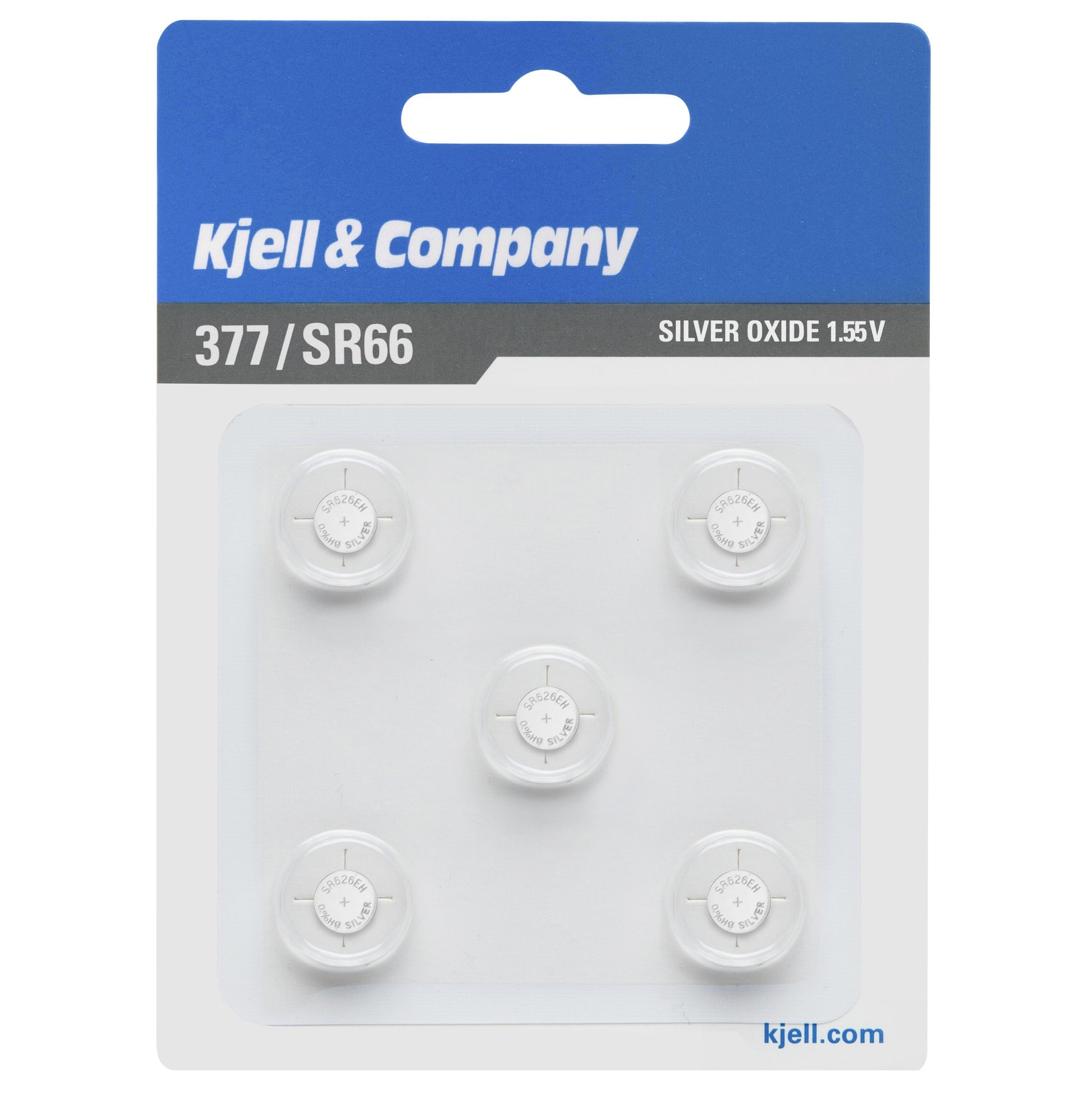 Knapcellebatterier SR626 (377) 5 stk i blisterpakke med blåt og hvidt kort.