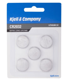 5 stk Kjell Litiumbatteri CR2032 i plastpakke med blå og hvid branding.
