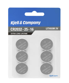 Kjell lithium batterier 6-pak CR2032/CR2025/CR2016, 3x2 stk, i blå/hvid blisterpakke med teksten Extra Long Lifetime.