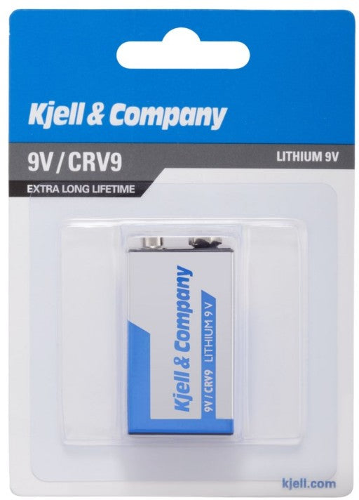 Litium 9V-batteri CR-V9, blå/hvid detailemballage, synlig gennem klar plast, "Ekstra lang levetid.