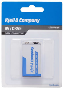 Litium 9V-batteri CR-V9, blå/hvid detailemballage, synlig gennem klar plast, "Ekstra lang levetid.