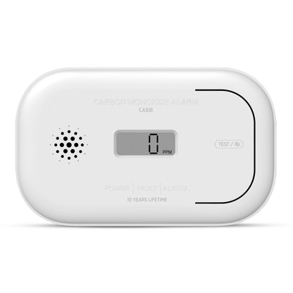 Housegard Kuliltealarm, batteridrevet, afrundede kanter, LCD-display "0 PPM", testknap, indikatorlys, højtaler.