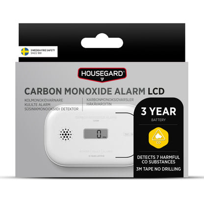Housegard kuliltealarm med LCD-display, 3-års batteri, detektering af 7 CO-stoffer, montering med 3M tape.