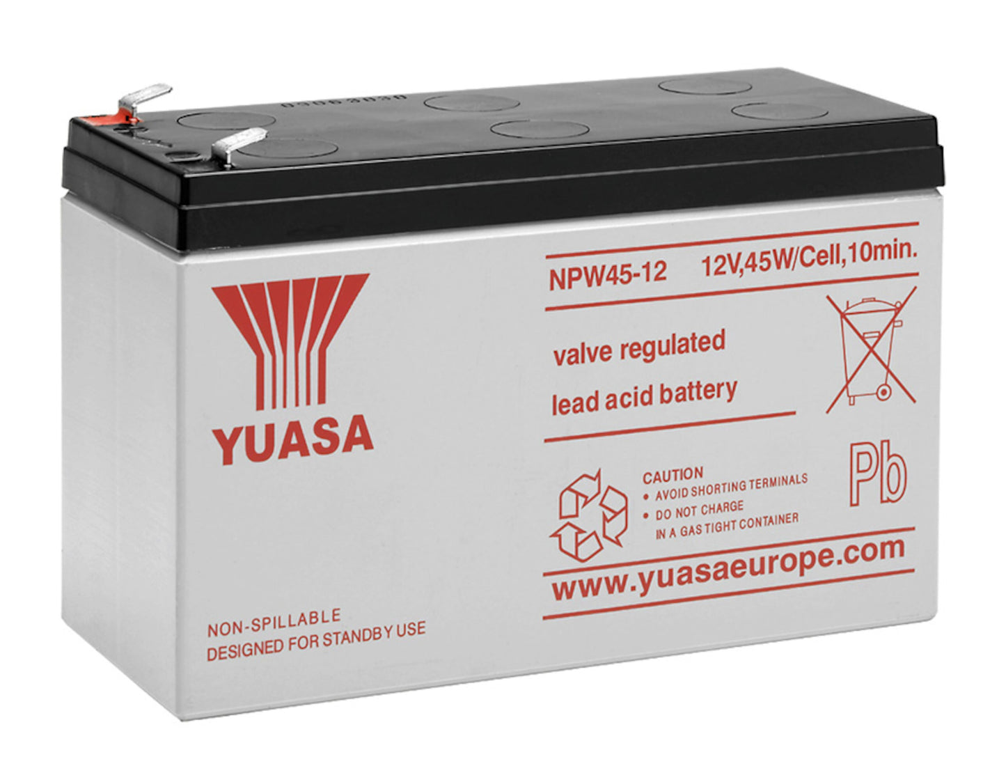 Yuasa Blybatteri 12V 8,5Ah rektangulær, nødstrømsanlæg, hvid-sort kabinet med røde tekniske detaljer og advarselssymboler.