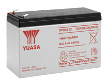 Yuasa Blybatteri 12V 8,5Ah rektangulær, nødstrømsanlæg, hvid-sort kabinet med røde tekniske detaljer og advarselssymboler.