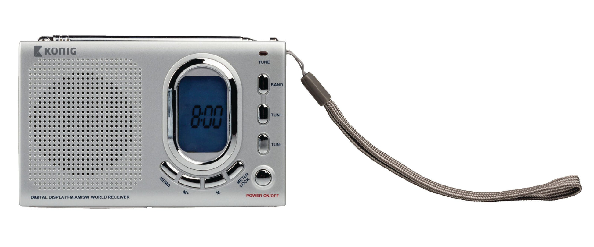 Nedis bærbar verdensradio sølv, kortbølge, LCD-display 8:00, højtaler venstre, knapper under display, grå håndledsrem højre.