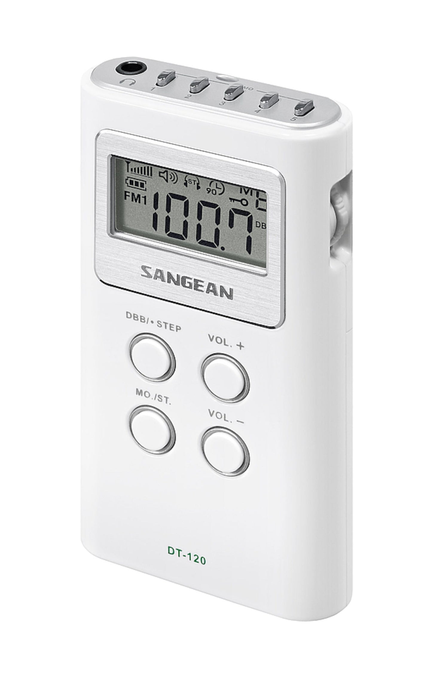Sangean DT-120 II FM-radio med digital tuner, digitalt display og kontrolknapper på front og top.