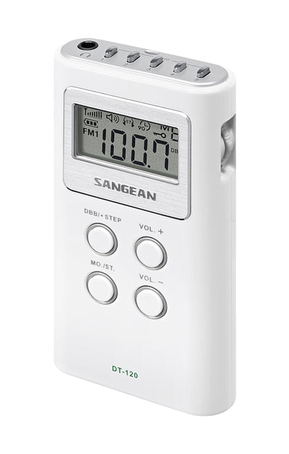 Sangean DT-120 II FM-radio med digital tuner, digitalt display og kontrolknapper på front og top.