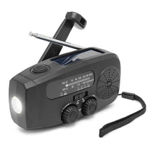 Luxorparts nødradio sort med USB, svejse- og solcelleopladning, antenne, lygte, højttaler, FM/AM display, powerbank.