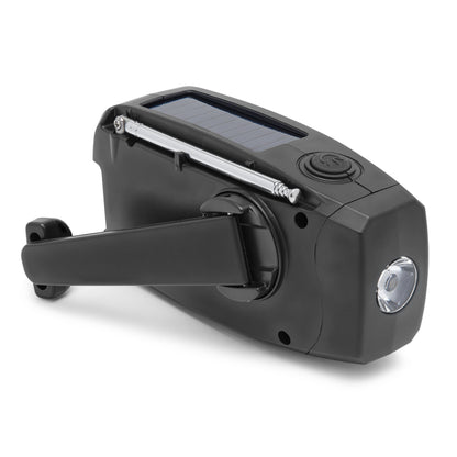 Luxorparts nødradio sort med håndsving, USB, solcelleopladning, powerbank, indbygget lygte og teleskopantenne.