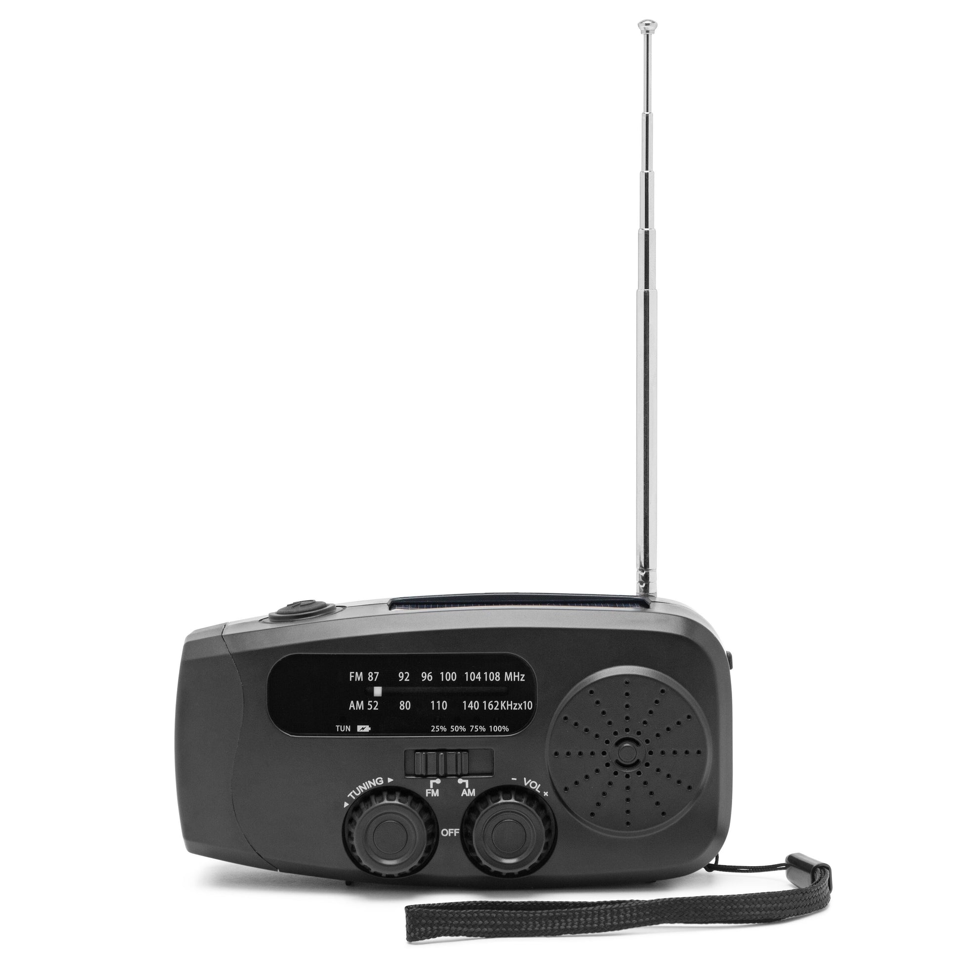 Sort nødradio med USB-, svejse- og solcelleopladning, sølv antenne, til opbevaring af drejeknapper, højtalere og håndledsrem.