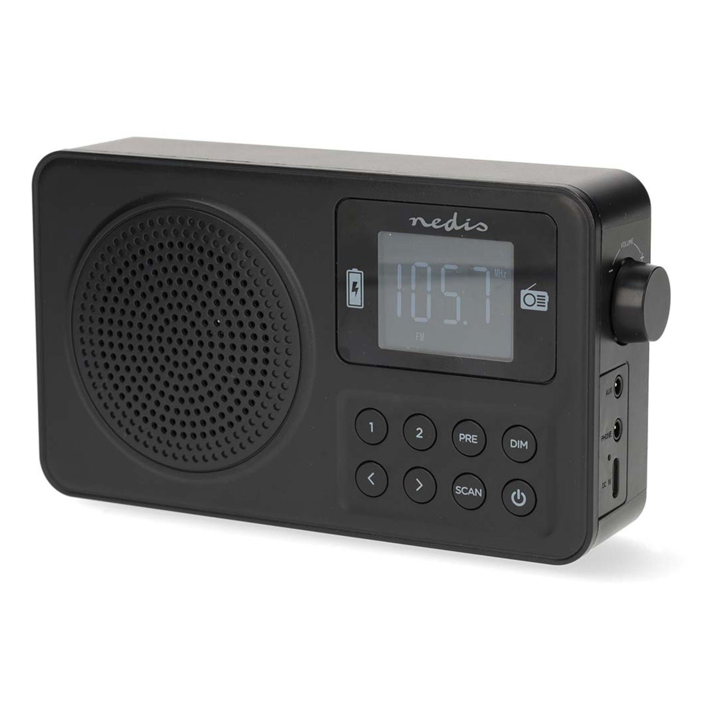 Nedis bærbare FM-radio med Bluetooth, højtaler, digitalt display 105.7 FM, knapper til tuning/indstillinger, volumenhjul højre.