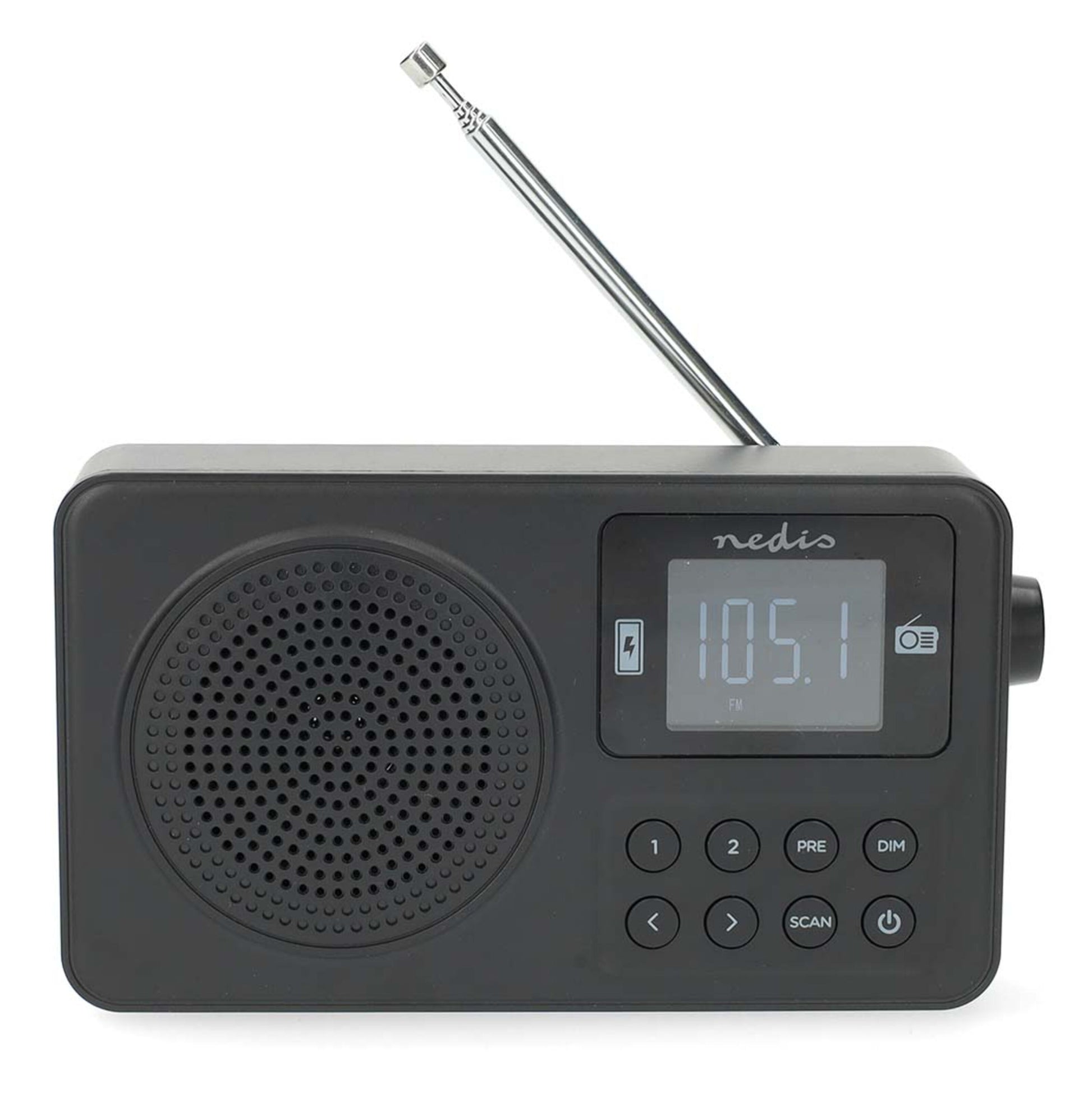 Nedis bærbare FM-radio med Bluetooth, sort, højtaler, numeriske knapper, digitalt display 105.1 FM, antenne.