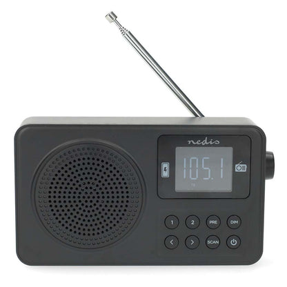 Nedis bærbare FM-radio med Bluetooth, sort, højtaler, numeriske knapper, digitalt display 105.1 FM, antenne.