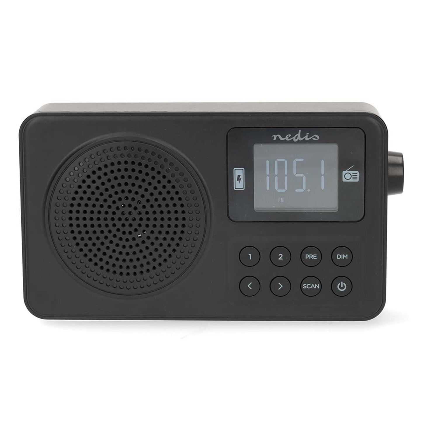 Nedis bærbare FM-radio med Bluetooth, sort, digitalt display med 105.1 FM, venstre højttaler, kontrolknapper under display.
