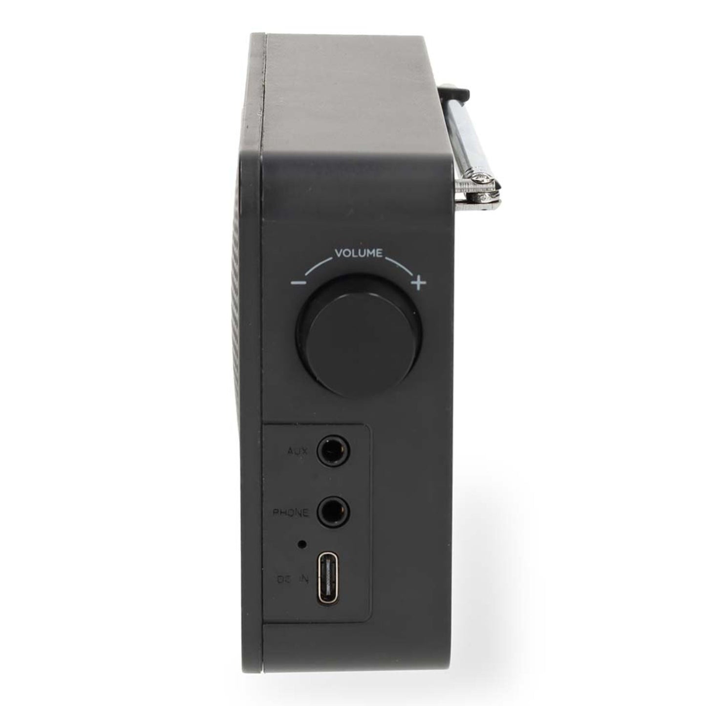 Nedis Bærbar FM-radio med Bluetooth, sort, volumentryk, AUX/PHONE lydporte, USB-C port, delvist synligt metalhåndtag.