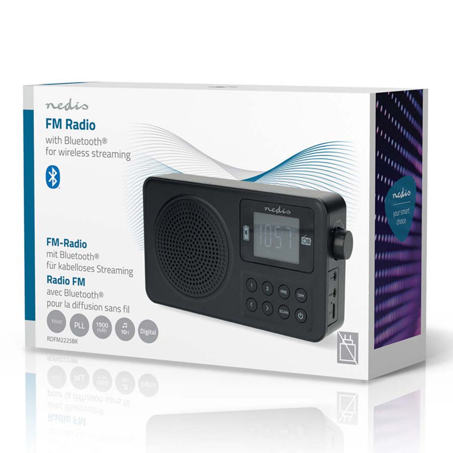 Nedis Bærbar FM-radio med Bluetooth, æske med engelsk, tysk, fransk tekst og ikoner for Bluetooth, PLL, 1900 kanaler.