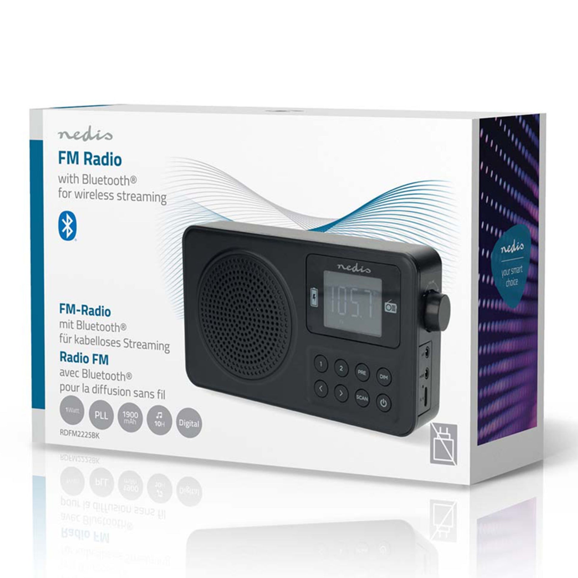 Nedis Bærbar FM-radio med Bluetooth, æske med engelsk, tysk, fransk tekst og ikoner for Bluetooth, PLL, 1900 kanaler.