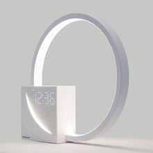Rubicson Wake-up light vækkeur m. natlampe, hvid kubeform, dot-matrix display under oplyst ring, simulerer solopgang.