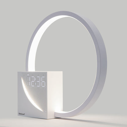 Rubicson Wake-up light vækkeur m. natlampe, hvid kubeform, dot-matrix display under oplyst ring, simulerer solopgang.